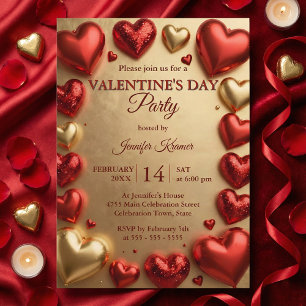 Glam Rot und Gold 3D-Herzen Valentinstag-Party Einladung