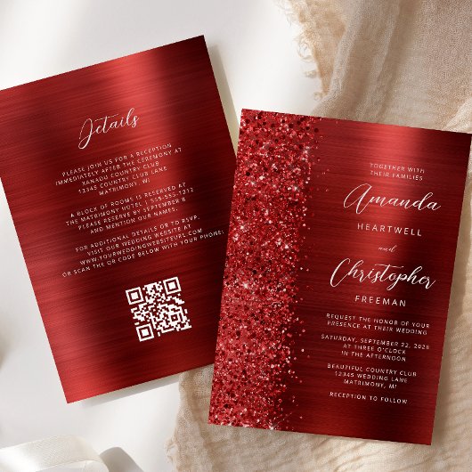 Glam Roter Gebürsteter Metall QR-Code Hochzeit Einladung