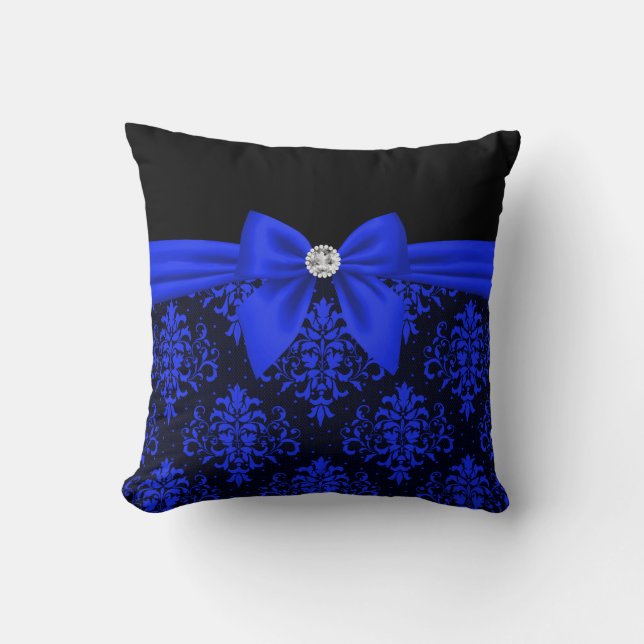 Glam Royal Blue Bow-Blue Lace-Black Kissen (Vorderseite)