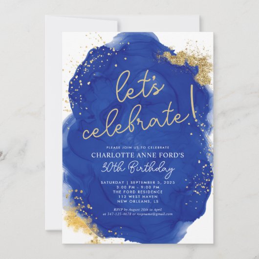 Glam Royal Blue Gold Glitzer Alkohol Tinte Geburts Einladung (Vorderseite)