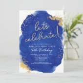 Glam Royal Blue Gold Glitzer Alkohol Tinte Geburts Einladung (Stehend Vorderseite)
