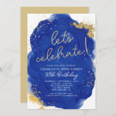 Glam Royal Blue Gold Glitzer Alkohol Tinte Geburts Einladung (Vorne/Hinten)