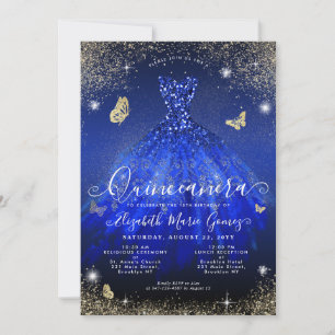 Glam Royal Blue Gold Glitzer Gown Quinceanera Einladung