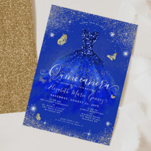Glam Royal Blue Gold Glitzer Gown Quinceanera Einladung