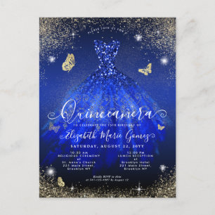 Glam Royal Blue Gold Glitzer Gown Quinceanera Postkarte