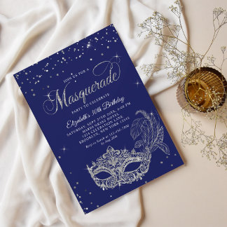 Glam Royal Blue Silver Glitzer Masquerade Geburtst Einladung