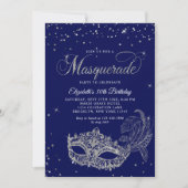 Glam Royal Blue Silver Glitzer Masquerade Geburtst Einladung (Vorderseite)