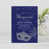 Glam Royal Blue Silver Glitzer Masquerade Geburtst Einladung (Stehend Vorderseite)