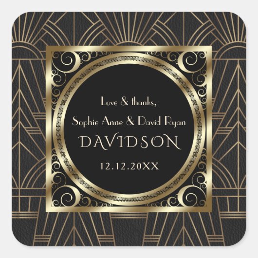 Glam Royal Gold Black Art Deco 20er Hochzeit Quadratischer Aufkleber (Vorderseite)