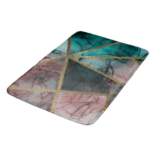 Glam Rust Blush Aquamarin & Gold Chic Moderner Gla Badematte (Schrägansicht)