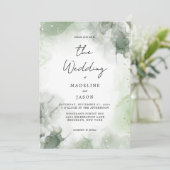 Glam Sage Green Watercolor Gold Fluid Ink Wedding Einladung (Stehend Vorderseite)