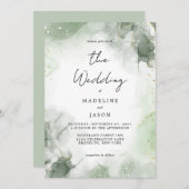 Glam Sage Green Watercolor Gold Fluid Ink Wedding Einladung (Vorne/Hinten)