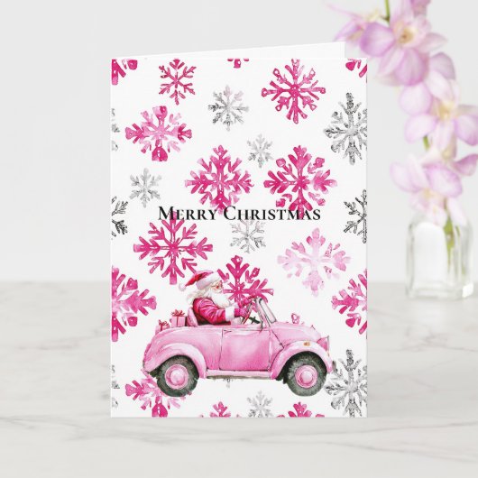 Glam Santa Pink Car Christmas Snowflakes Karte (Orchidee)