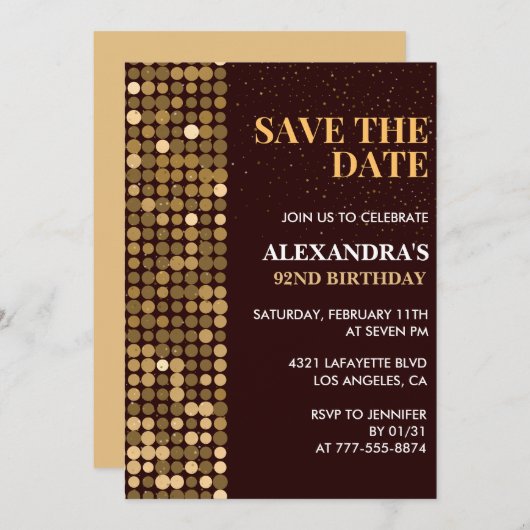 Glam Save the Date Gold Einladungen zum 92. Geburt (Vorne/Hinten)