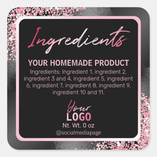 Glam Schwarz mit rosafarbenen Glitzer-Inhaltsstoff Quadratischer Aufkleber (Vorderseite)