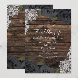 Glam Schwarze Florale Rosen Rustikale Holzspitze H Einladung