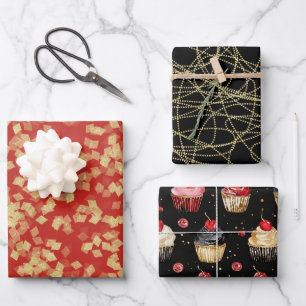 Glam Schwarzes rotes goldenes Geburtstagsfest Geschenkpapier Set