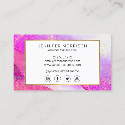 Glam Script Fuchsia Wasserfarbe Imitate Gold Staub Visitenkarte (Rückseite)