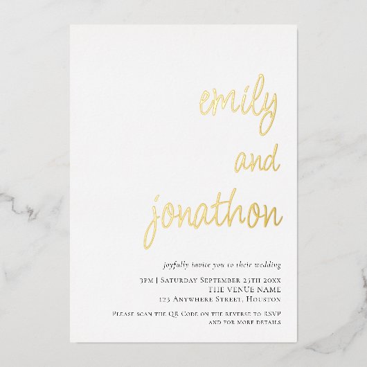 Glam Script Namen QR Code Wedding Luxury Real Folieneinladung (Vorderseite)