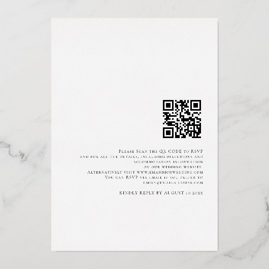 Glam Script Namen QR Code Wedding Luxury Real Folieneinladung (Rückseite)