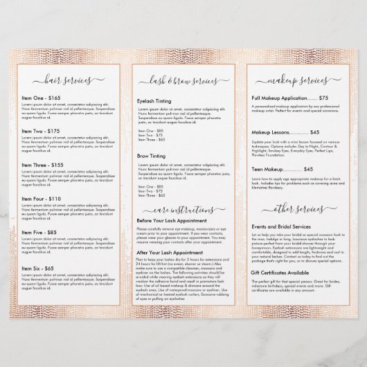 Glam Script Rose Gold Confetti Rain Tri-Fold Flyer (Hinten)