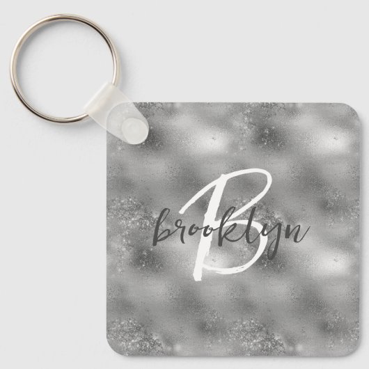 Glam Silber Glitter Glanz Monogramm  Schlüsselanhänger (Vorderseite)
