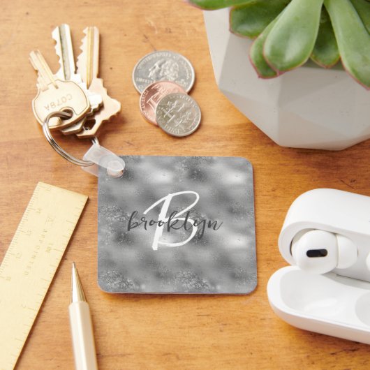 Glam Silber Glitter Glanz Monogramm Schlüsselanhänger (Schreibtisch)