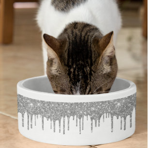 Glam Silber Glitter Tropfen Chic Haustier Hund Napf