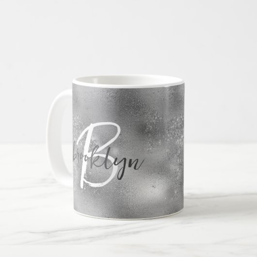 Glam Silber-Trendy-Script-Monogramm Kaffeetasse (Vorderseite Links)