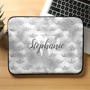 Glam Silberfolie Glitter-Kronen-Muster Monogramm Laptopschutzhülle