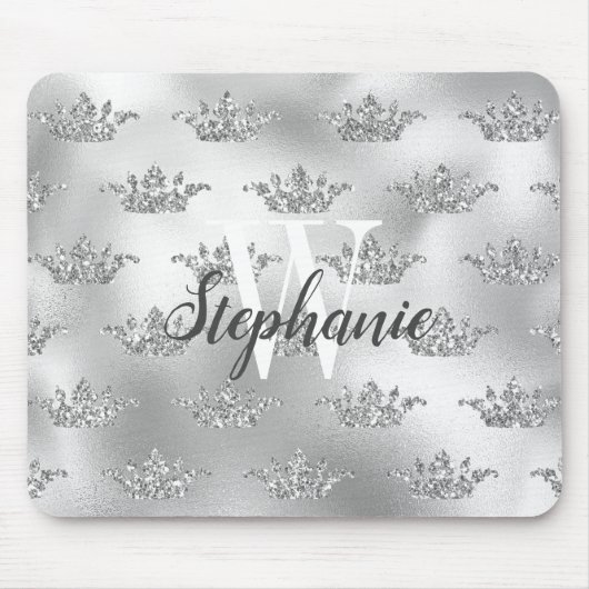 Glam Silberfolie Glitter-Kronen-Muster Monogramm Mousepad (Vorne)