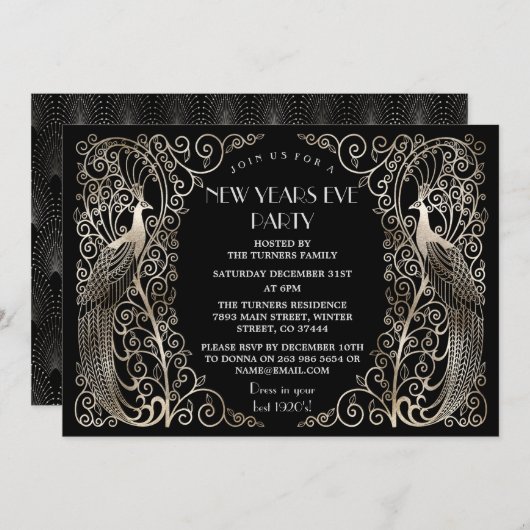 Glam Silver Art Déco-Friedhöfe Silvester Einladung (Vorne/Hinten)