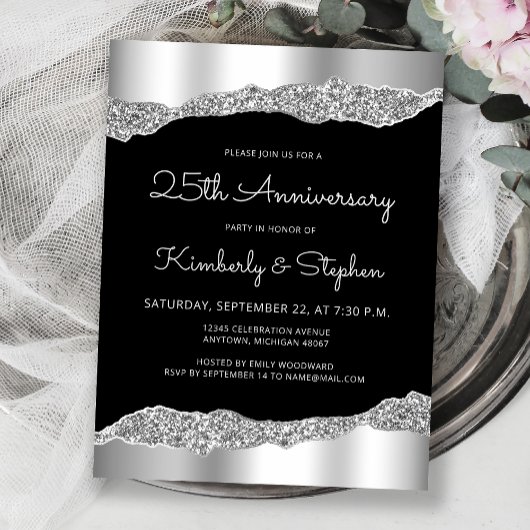 Glam Silver Black 25th Anniversary Invitation Postkarte