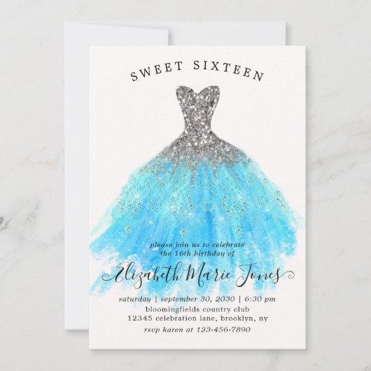 Glam Silver Blue Sparkle Dress Sweet 16. Geburtsta Einladung (Vorderseite)