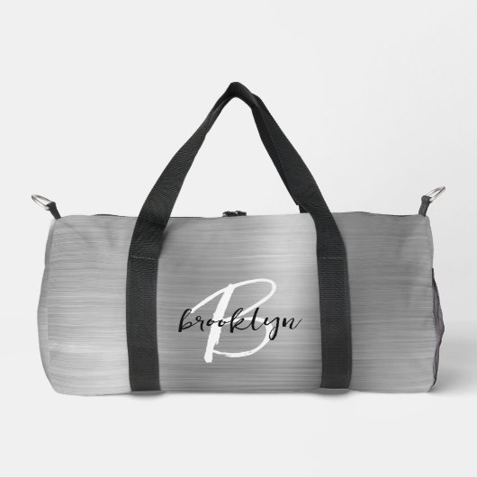 Glam Silver Brushed Metal Schwarz-weiß Monogram Duffle Bag (Vorderseite)