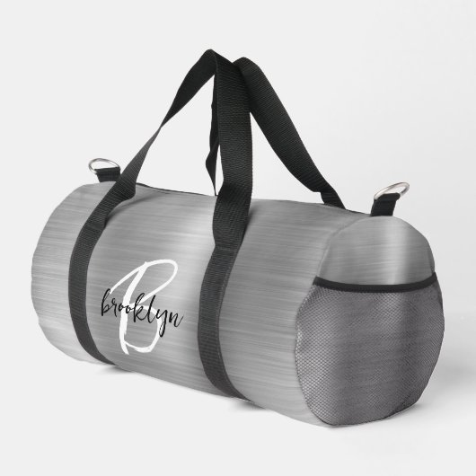 Glam Silver Brushed Metal Schwarz-weiß Monogram Duffle Bag (Rechte Ecke)