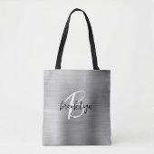 Glam Silver Brushed Metal Schwarz-weiß Monogram Tasche (Vorderseite)