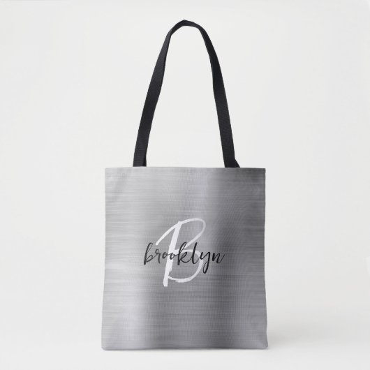 Glam Silver Brushed Metal Schwarz-weiß Monogram Tasche (Vorderseite)