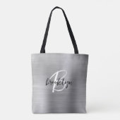 Glam Silver Brushed Metal Schwarz-weiß Monogram Tasche (Rückseite)