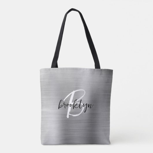 Glam Silver Brushed Metal Schwarz-weiß Monogram Tasche (Rückseite)
