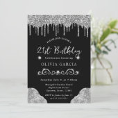 Glam Silver Dripping Glitzer 21. Geburtstag Einladung (Stehend Vorderseite)
