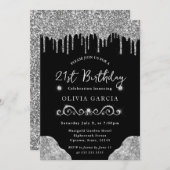 Glam Silver Dripping Glitzer 21. Geburtstag Einladung (Vorne/Hinten)