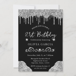 Glam Silver Dripping Glitzer 21. Geburtstag Einladung