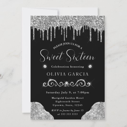 Glam Silver Dripping Glitzer Sweet 16 Einladung (Vorderseite)