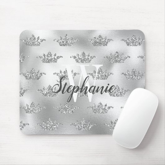 Glam Silver Foil Glitzer Crown Pattern Monogram Mousepad (Mit Mouse)