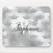 Glam Silver Foil Glitzer Crown Pattern Monogram Mousepad (Vorne)