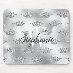 Glam Silver Foil Glitzer Crown Pattern Monogram Mousepad