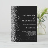 Glam Silver Glitzer Black QR Code Hochzeit Einladung (Stehend Vorderseite)