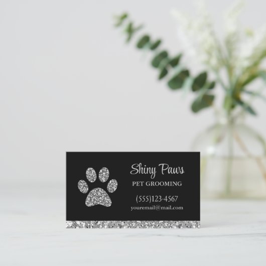 Glam Silver Glitzer Dog Paw Print Pet Grooming Visitenkarte (Stehend Vorderseite)