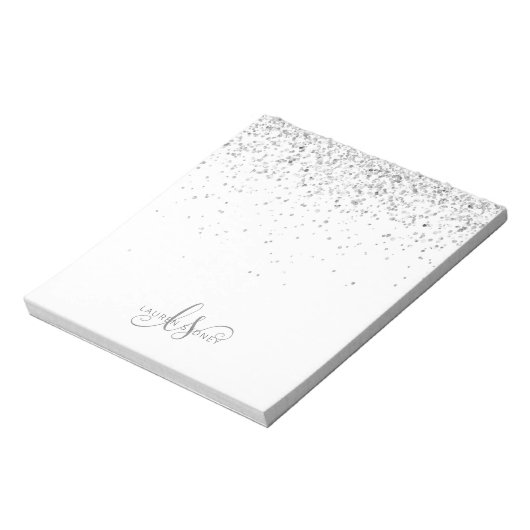 Glam Silver Glitzer Monogram Name Notizblock (Rotiert)